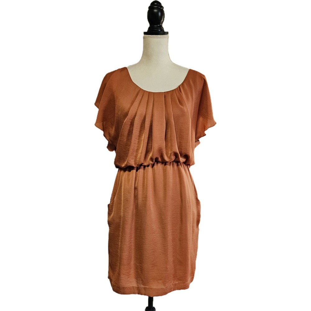 City Triangles Rust Orange Drapey Pleated Blouson Mini Dress Size‎ M Boho Casual